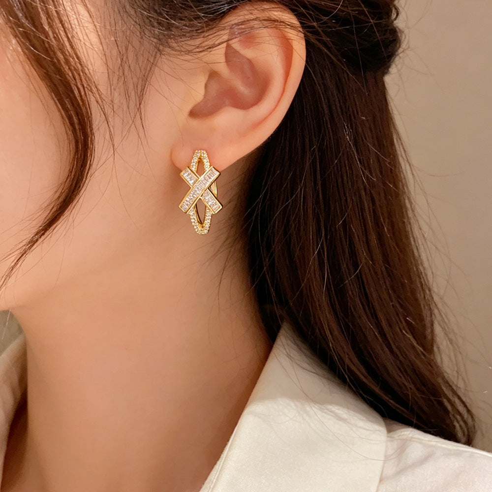 Eaioncol Cross CZ Hoop Earrings 14K Gold Plated Silver