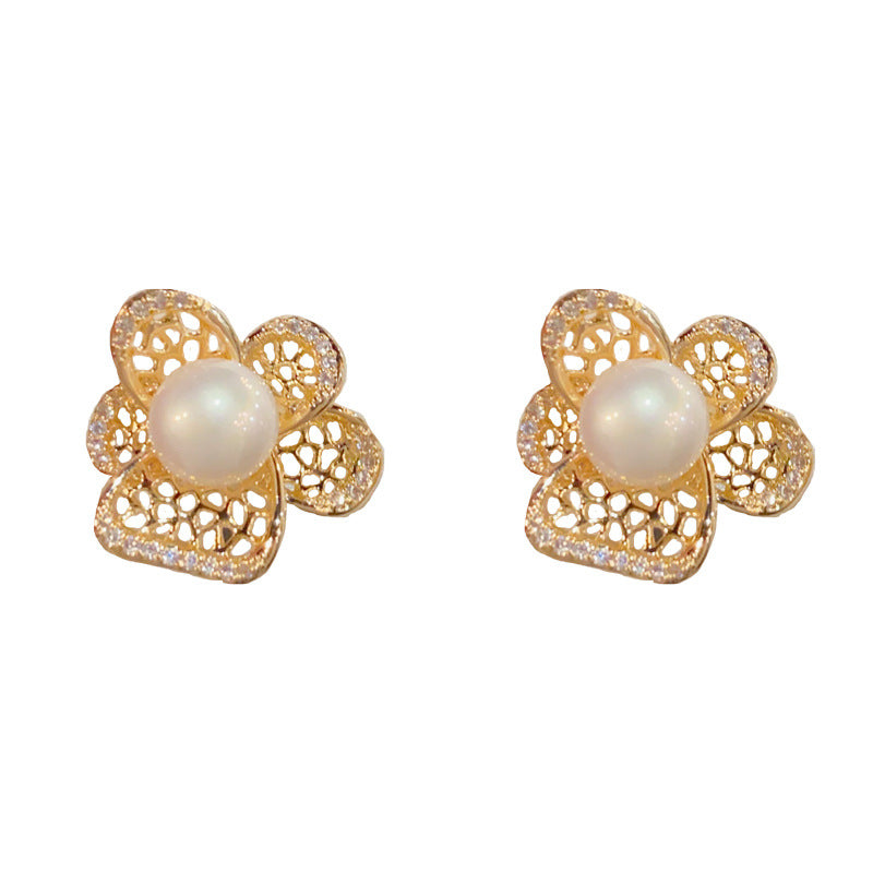 Eaioncol Openwork Floral Pearl CZ Stud Earrings Gold