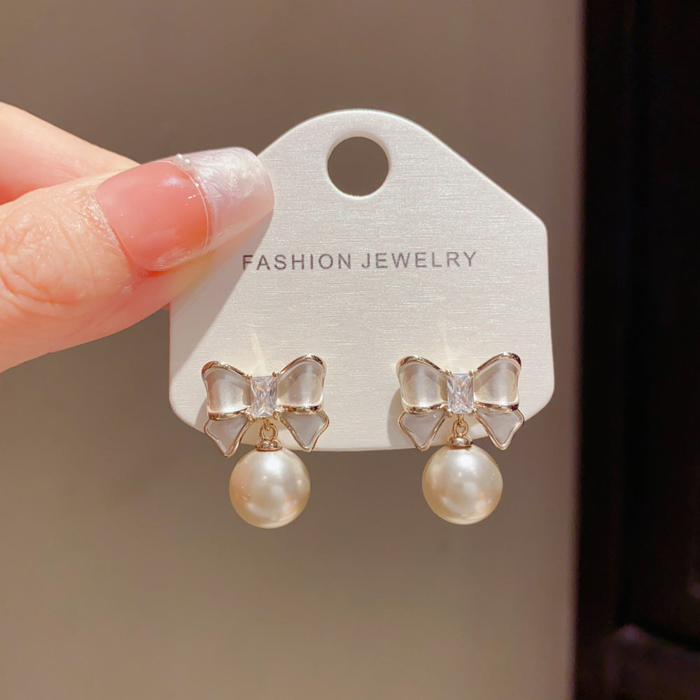 Eaioncol Coffee Gold Bow Pearl Drop Earrings 14K Gold Plated