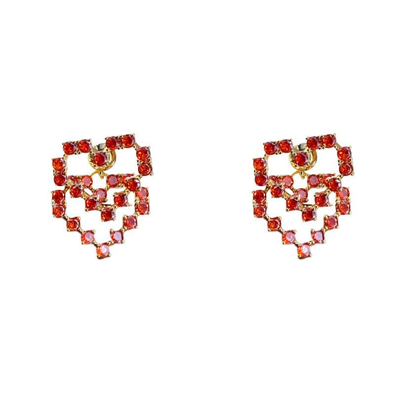 Eaioncol Red Heart CZ Two-Way Earrings 14K Gold Plated