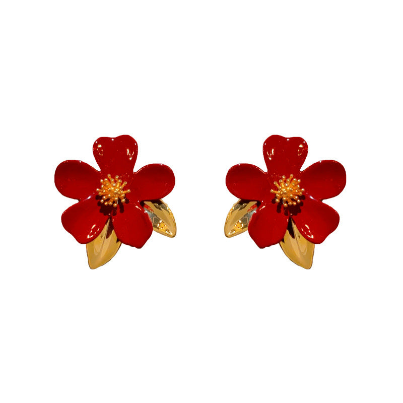 14K Gold-Plated Red Enamel Camellia Flower Stud Earrings -Elegant Chic