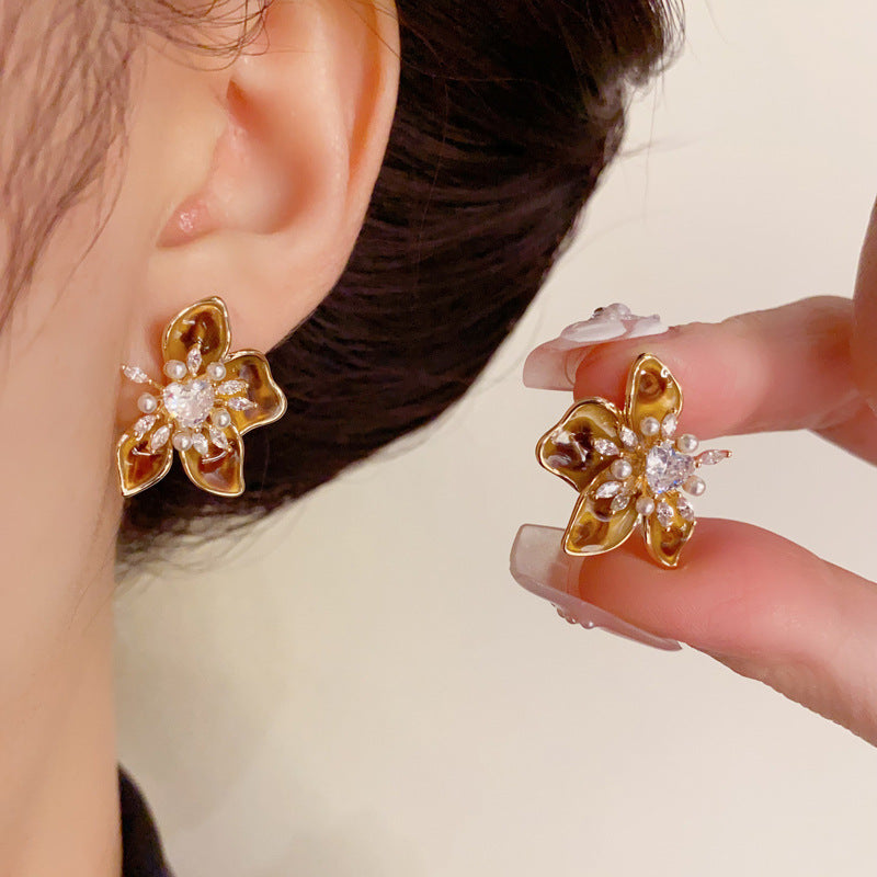 14K Gold-Plated Colorful Oil Zircon Flower Earrings-Vintage Design