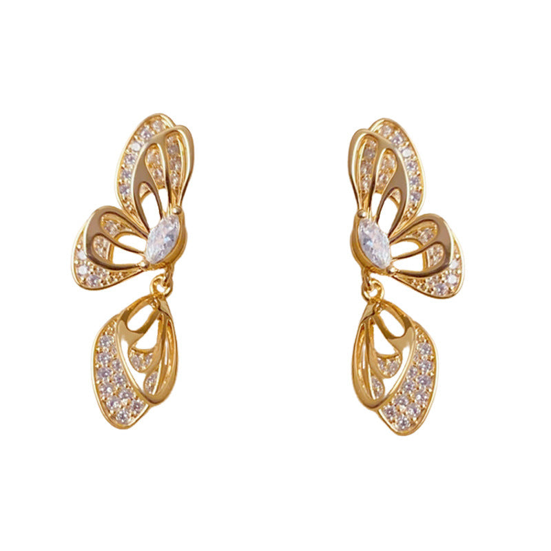 Elegant Full-Zircon Hollow Butterfly Drop Earrings – Minimalist Design
