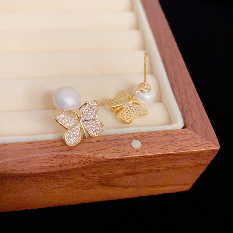 Eaioncol Butterfly Pearl CZ Stud Earrings Gold