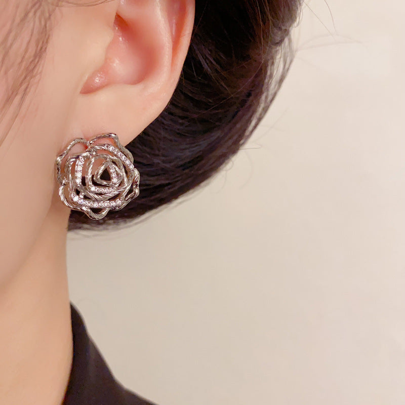 Luxury Zircon Hollow Metal Petal Stud Earrings – Floral Design