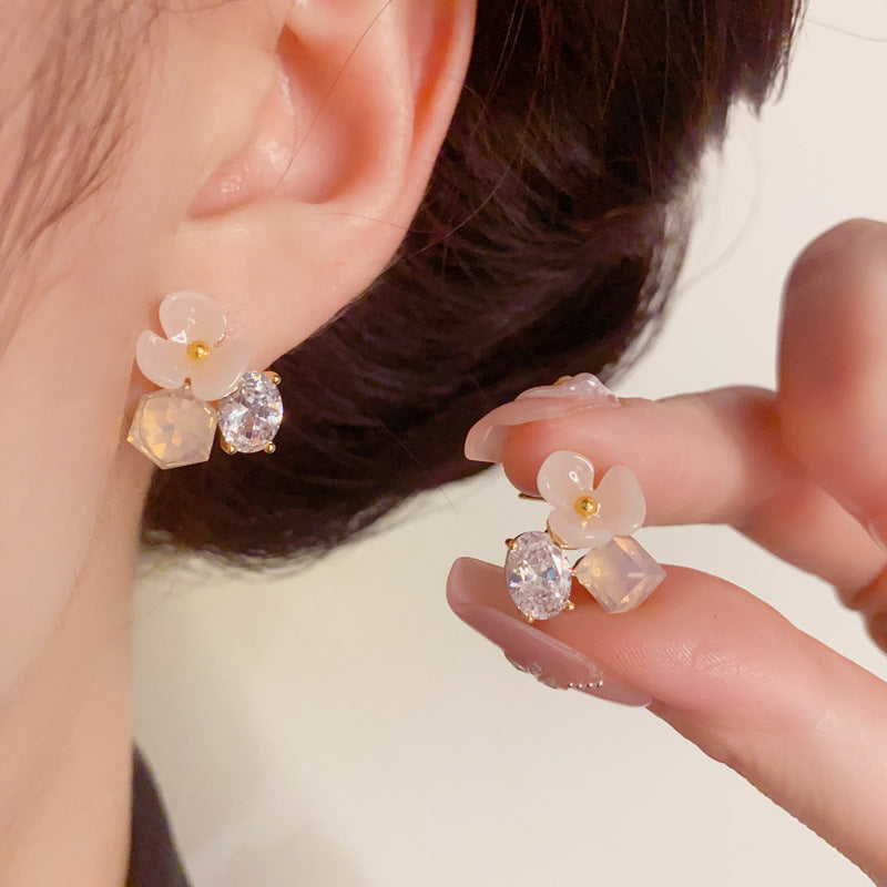 Pink Flower Zircon & Square Crystal Earrings – Elegant Floral Design
