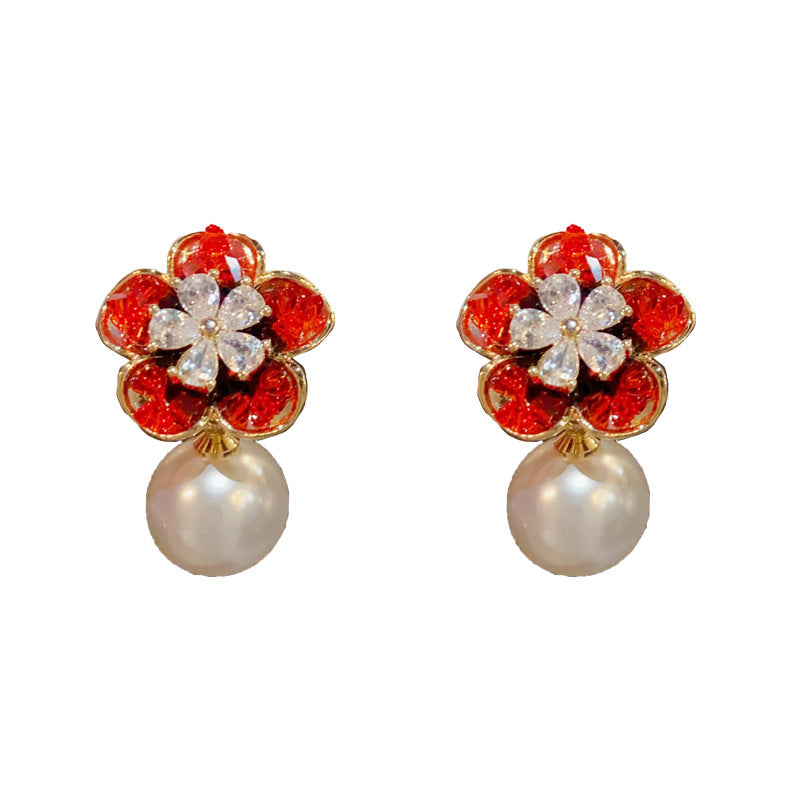 14K Gold-Plated Crystal Red Flower Pearl Earrings-Elegant&Handcrafted