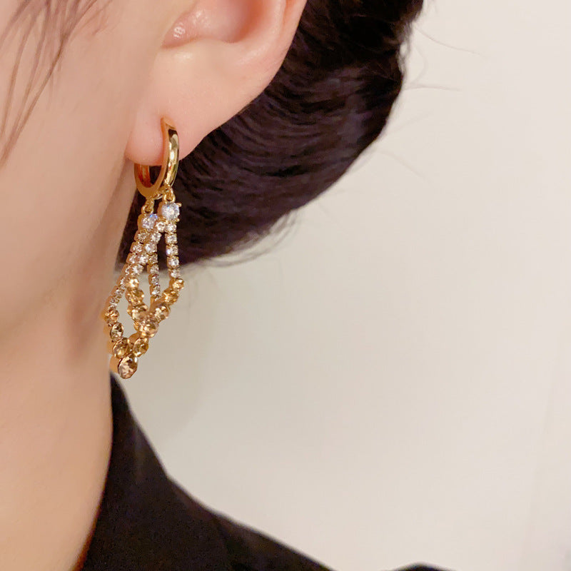 14K Gold-Plated Double-Layer Brown Zircon Hoop Earrings-Elegant Design