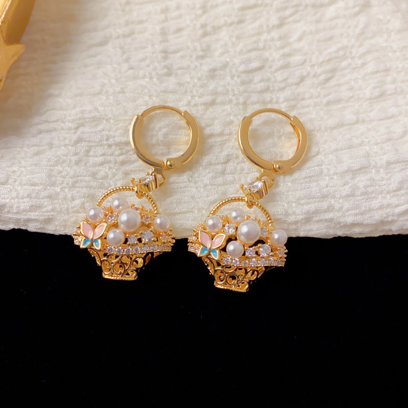 Luxury Pearl Butterfly Flower Basket Earrings – Minimalist design