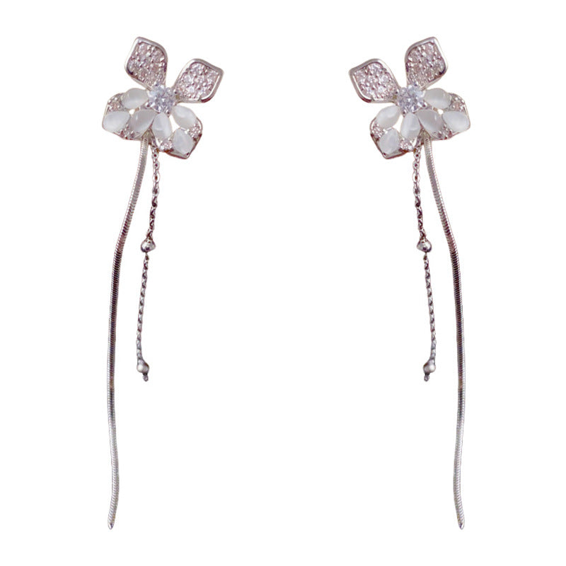 Elegant Zircon Petal Tassel Drop Earrings – Long Fringe Design