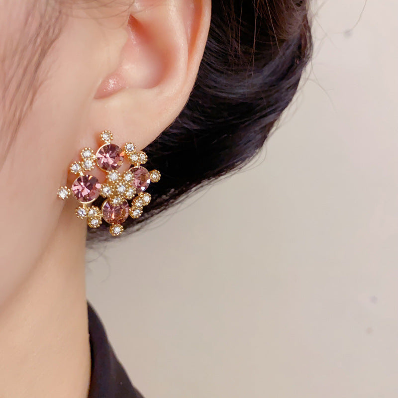 Elegant Full-Zircon Purple Hollow Petal Stud Earrings – Floral Design