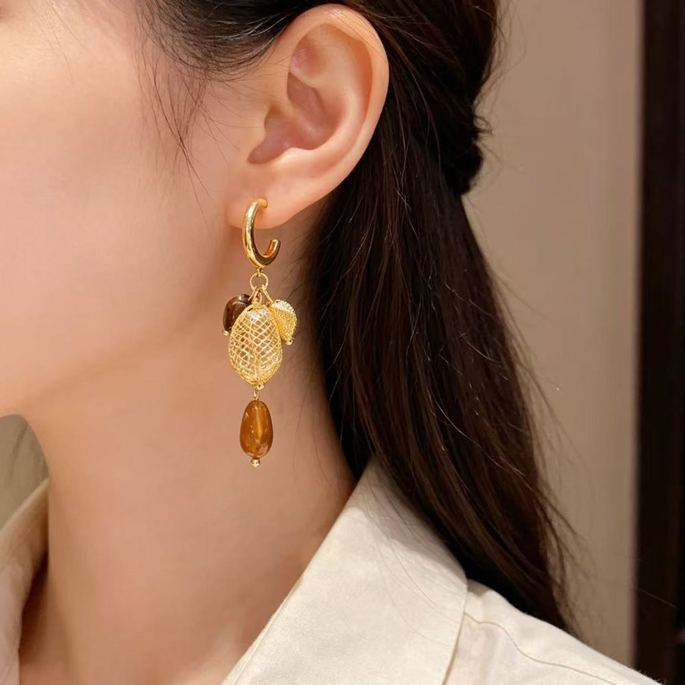 Eaioncol Mesh Tiger Eye Tassel Drop Earrings Gold