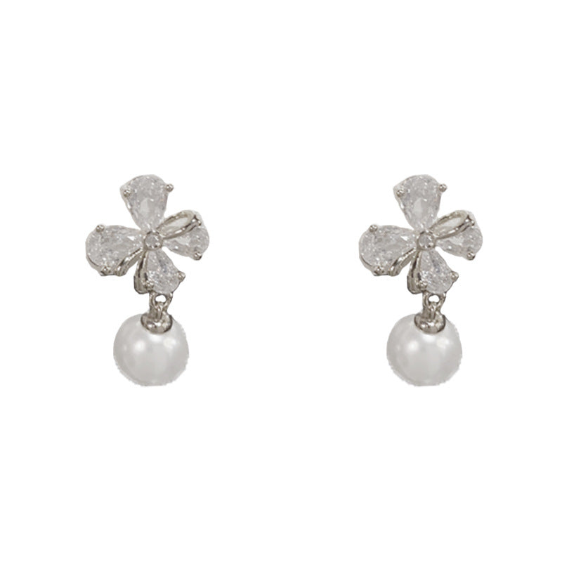 Elegant Four-Leaf Flower Pearl Drop Earrings – Gentle Floral Design