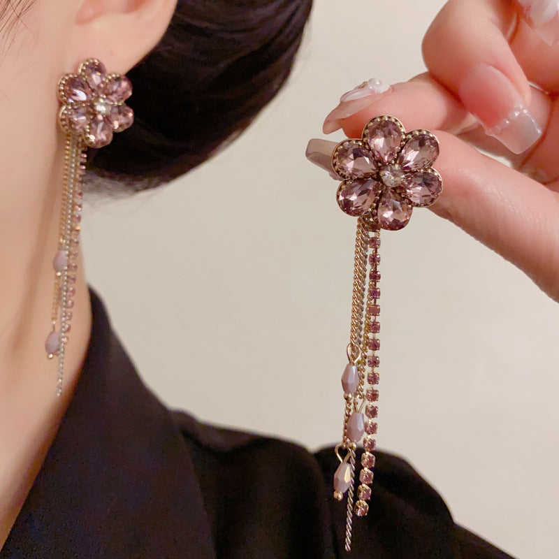 Luxury Zircon Floral Petal 2-Way Tassel Drop Earrings – Elegant Design