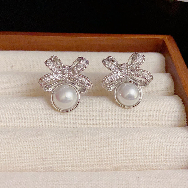 S925 Zircon Butterfly Bow Pearl Earrings-Elegant Chic Design