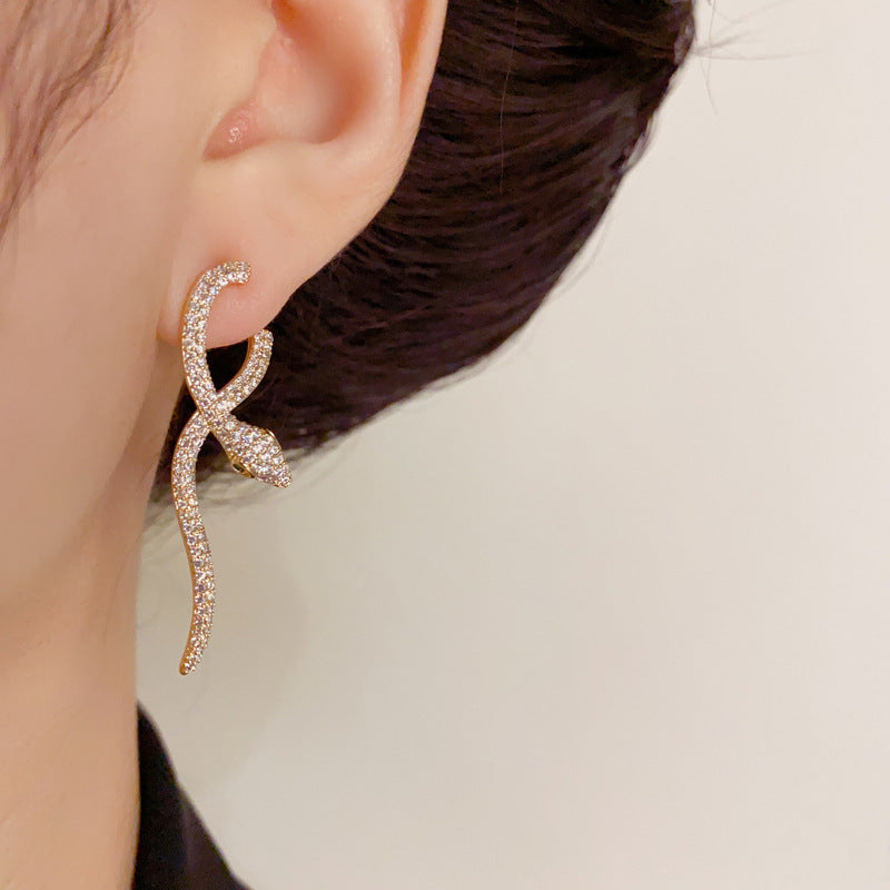 14K Gold-Plated Zircon Snake Earrings - Elegant & Chic Design