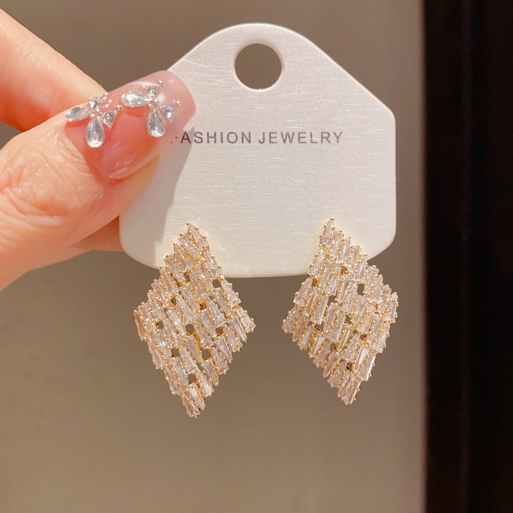 Eaioncol Full CZ Rhombus Stud Earrings Gold Silver