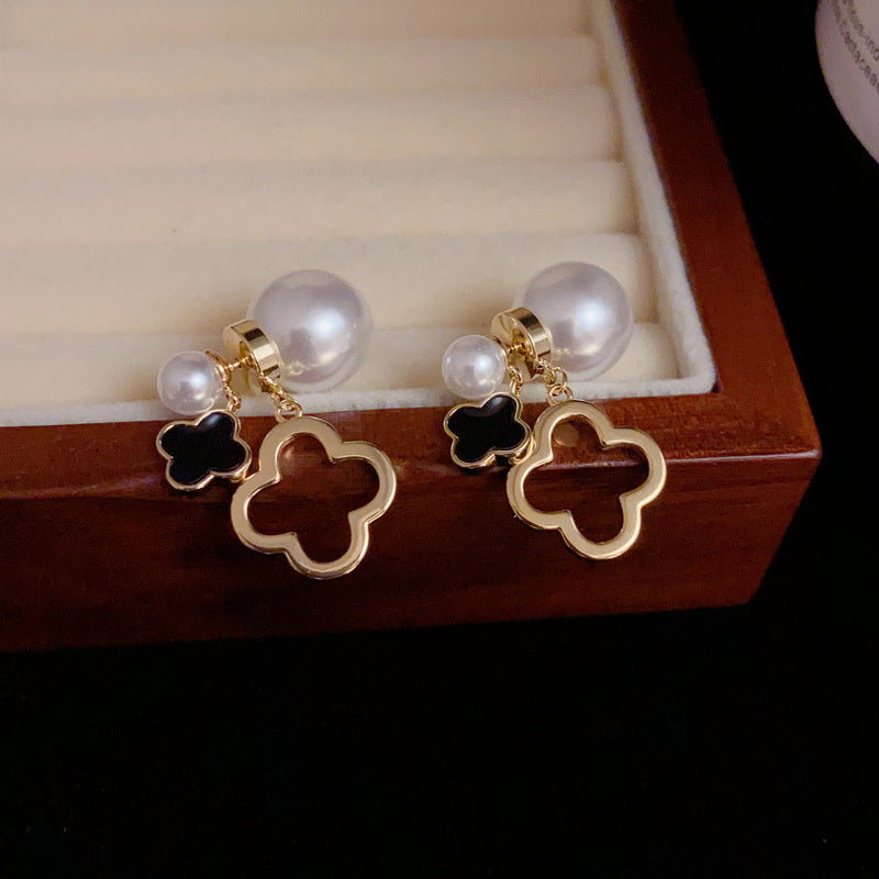 14K Gold-Plated Pearl Four Leaf Flower Earrings - Elegant Design