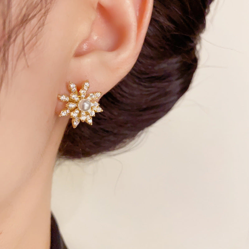 14K Gold-Plated Zircon Rotating Snowflake Earrings - Floral Design