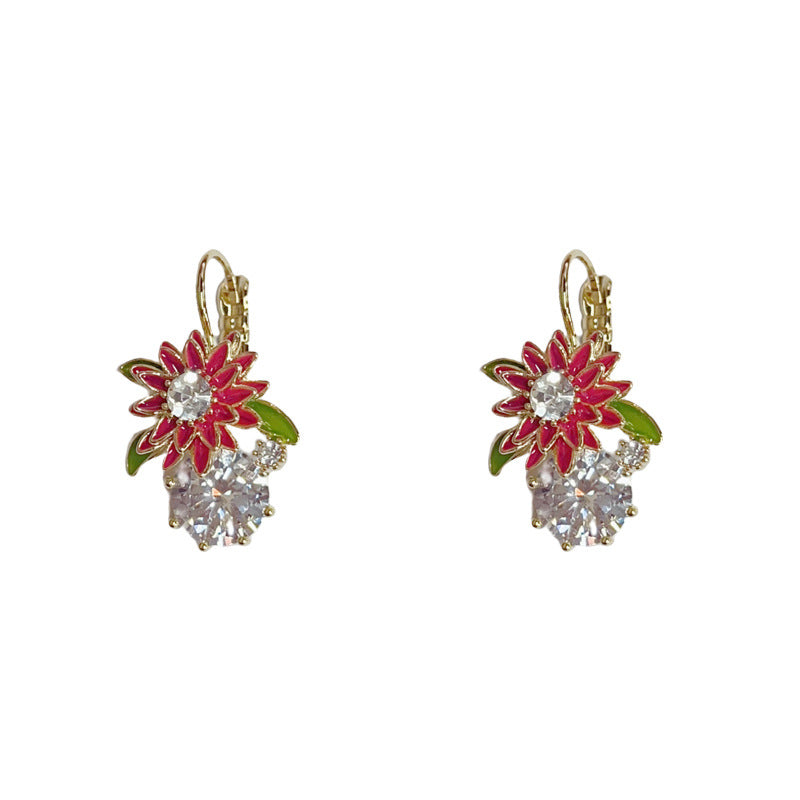 Elegant Red Daisy Zircon Ear Cuff Earrings – Floral Design