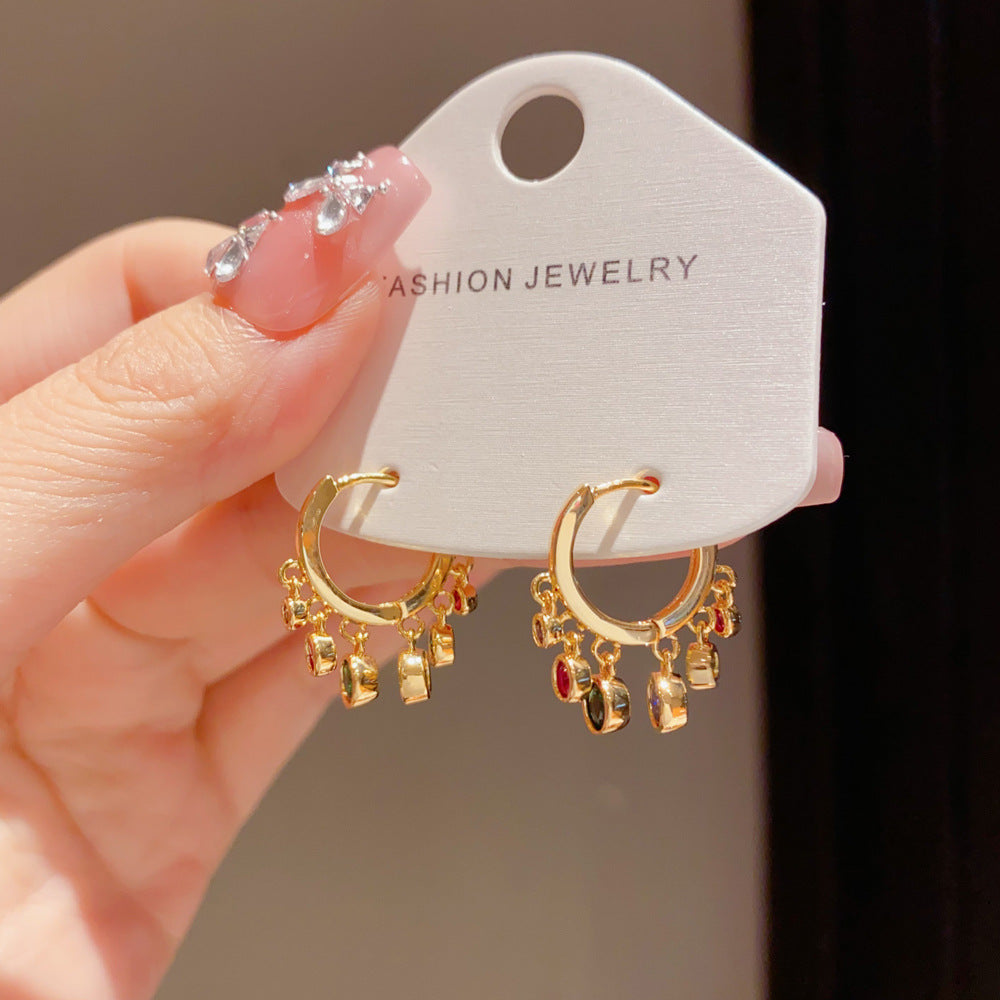 Eaioncol Colorful CZ Tassel Hoop Earrings Gold