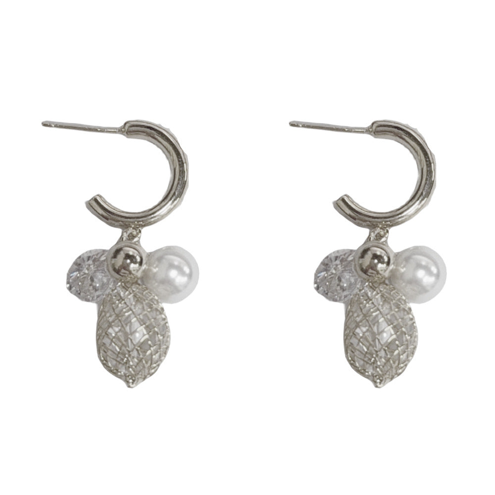 Eaioncol Grid Pearl CZ C Hoop Drop Earrings Gold Silver