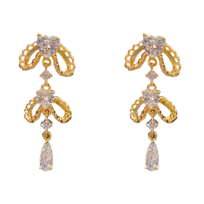 Eaioncol Bow Heart CZ Tassel Drop Earrings Gold Silver