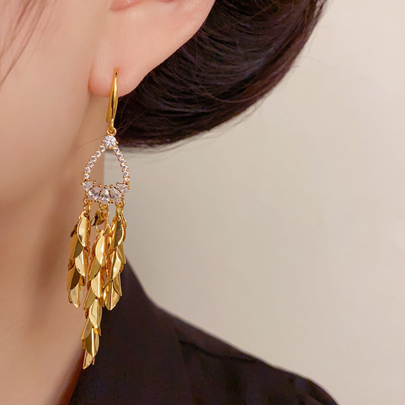 Luxury Zircon Wheat Teardrop Tassel Drop Earrings – Elegant Design