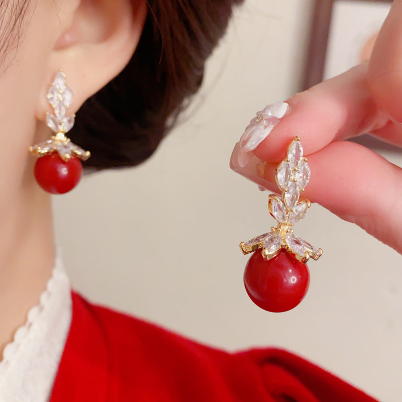 Elegant Zircon Leaf Red Pearl Drop Earrings – Botanical Design