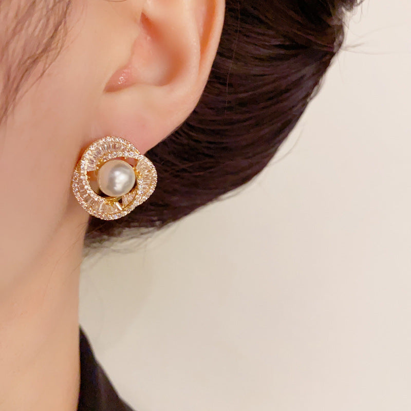 14K Gold-Plated Zircon Pearl Spiral Earrings - Chic Luxury Design