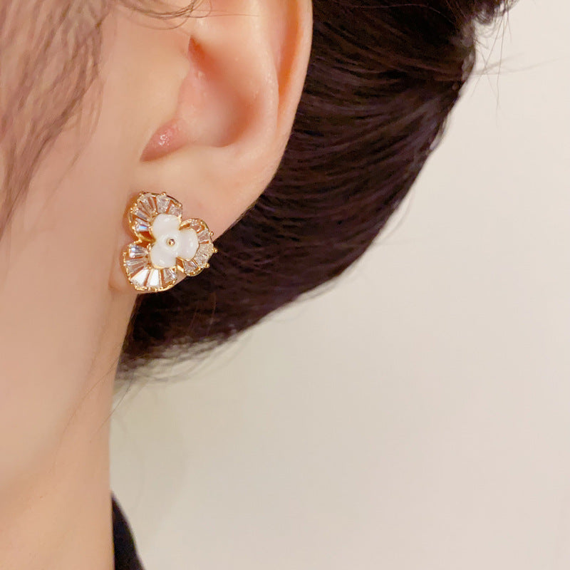 14K Gold-Plated Diamond-Studded 3-Petal Flower Earrings - Elegant Chic