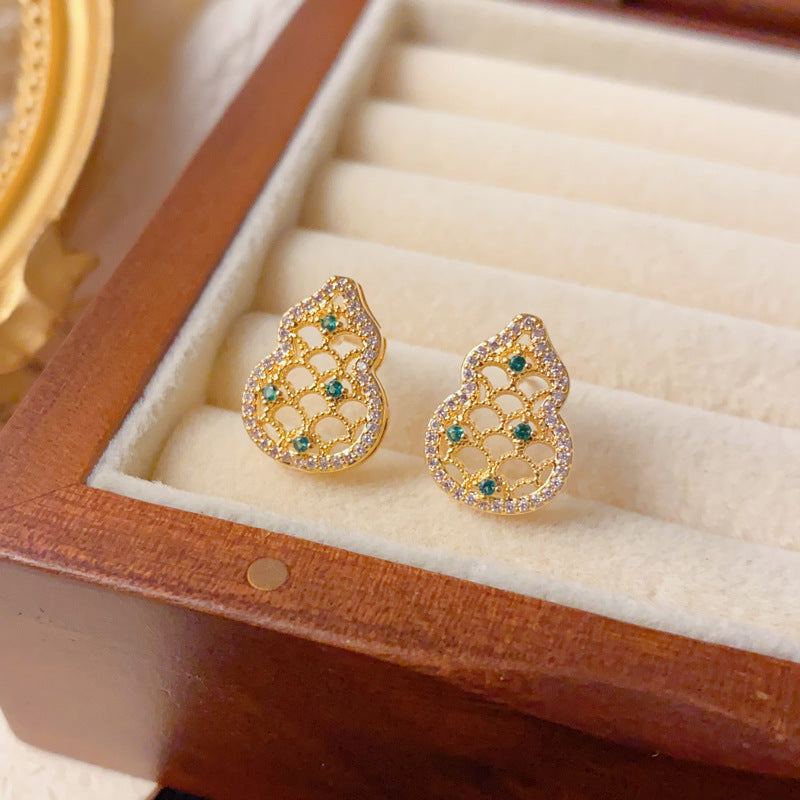 Elegant Full-Zircon Hollow Gourd Stud Earrings – Auspicious Design