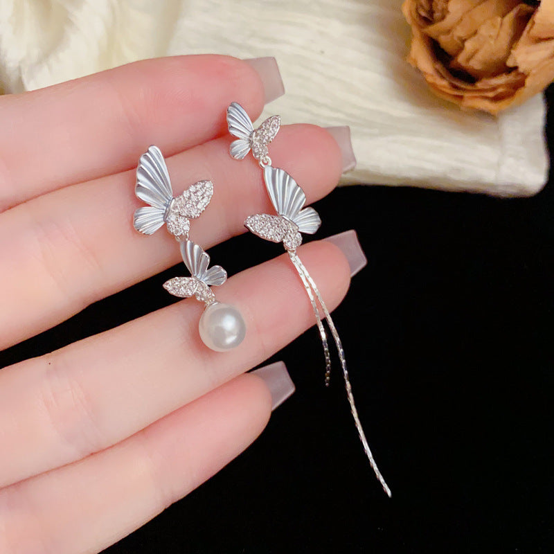 Asymmetric Butterfly Tassel Drop Sliver Earrings – Elegant Design