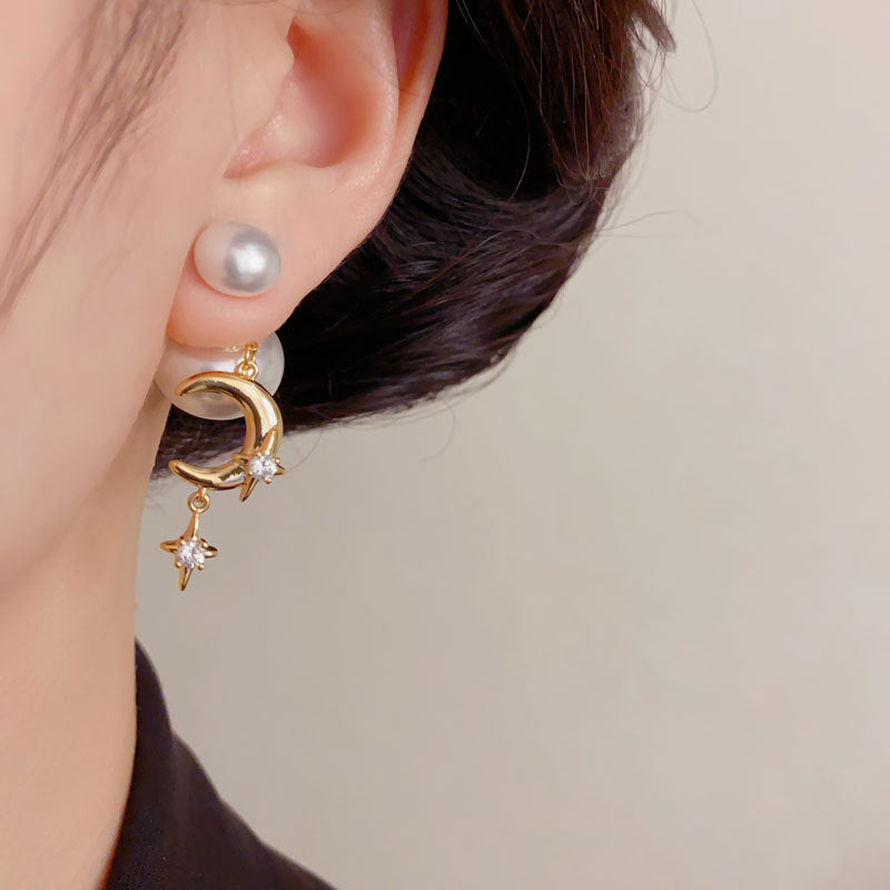Luxury Pearl Star Moon Two-Way Tassel Drop Earrings – Elegant Design