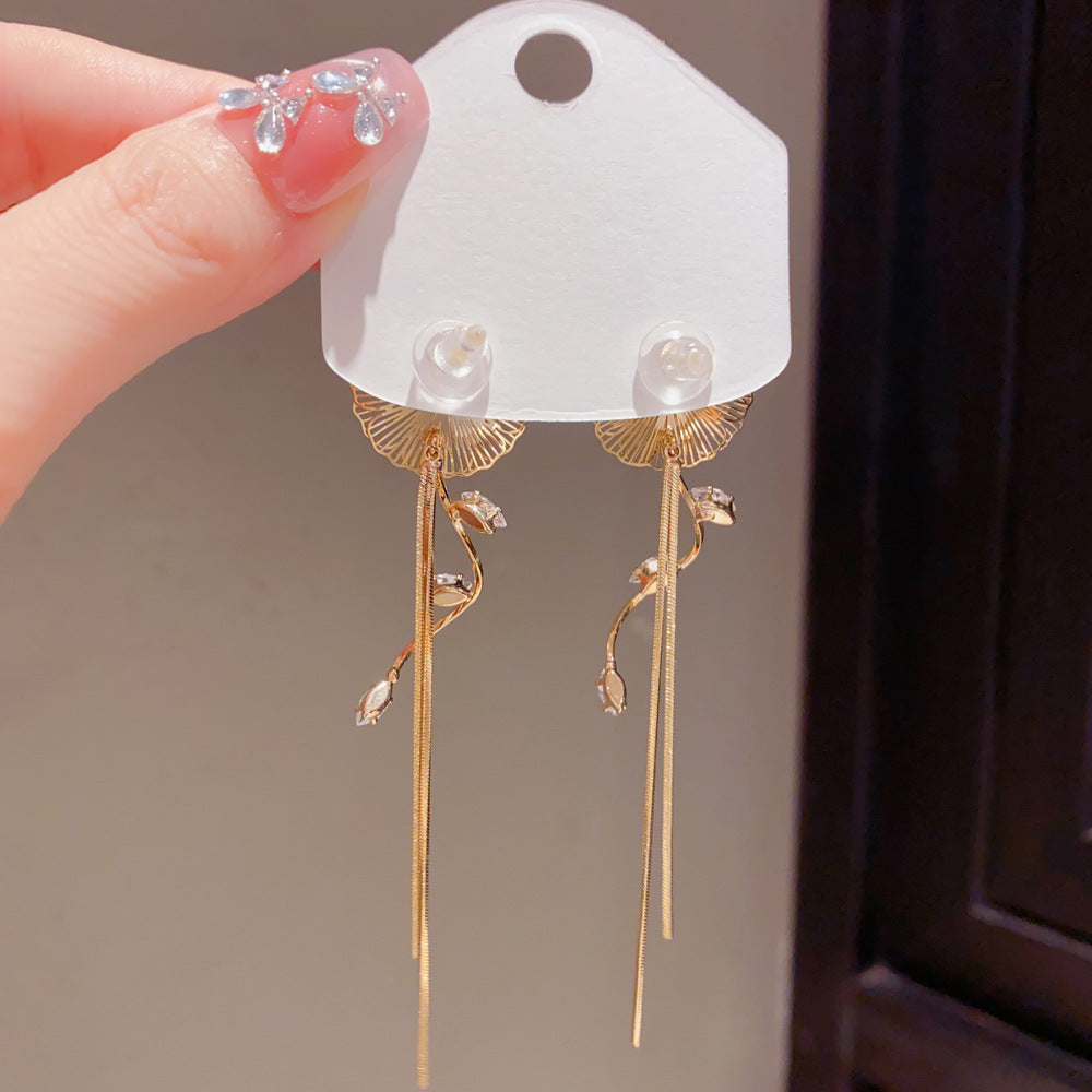 Eaioncol CZ Petal Tassel Drop Earrings 14K Gold Plated