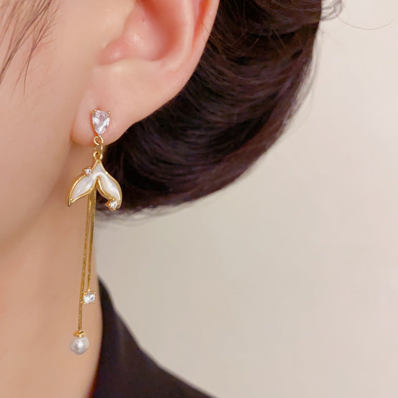 Elegant Pearl Fishtail Long Tassel Earrings – Geometric Design