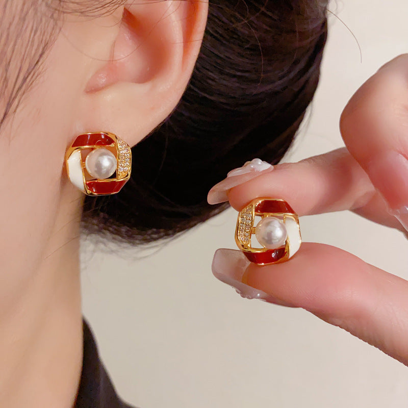 Luxury Zircon Pearl Color-Block Circle Stud Earrings – Elegant Design