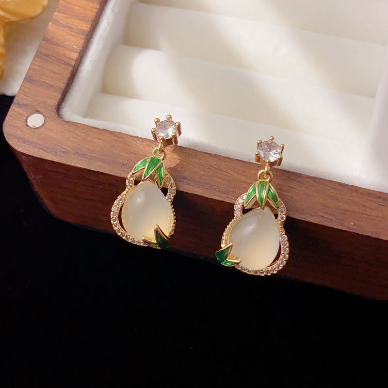 Luxury Zircon Imitation Jade Gourd Stud Earrings – Elegant Design