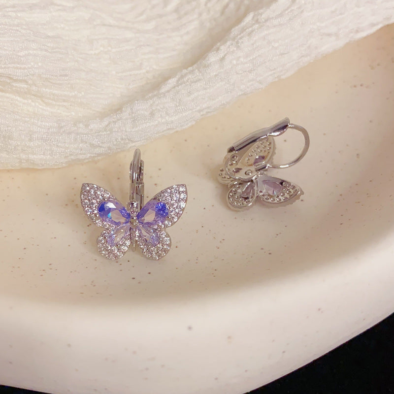 Elegant Zircon Purple Butterfly Hoop Earrings – Minimalist Design