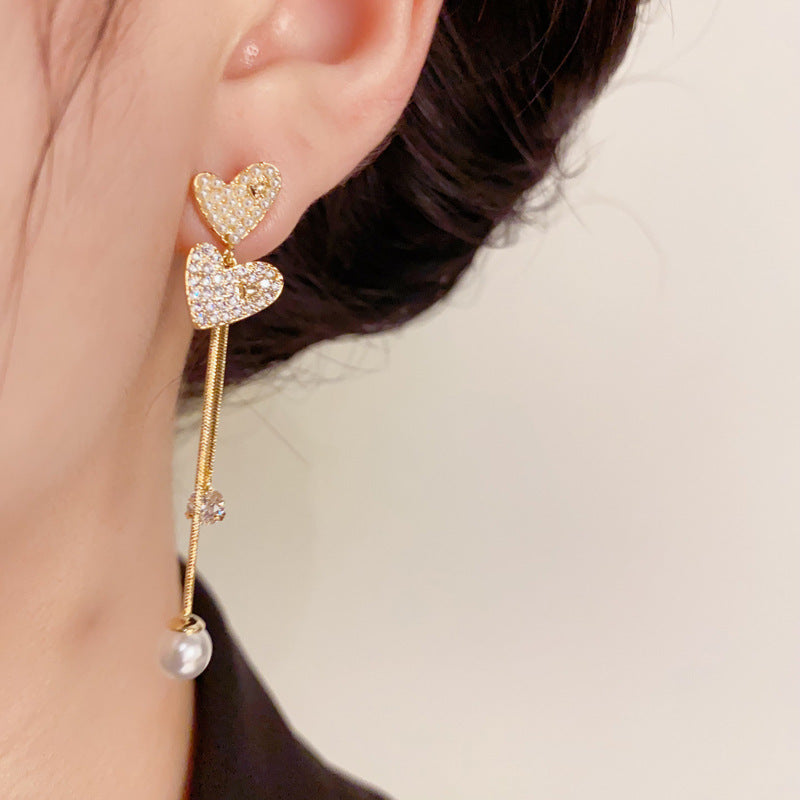 14K Gold Plated Heart Shaped Pearl & Zircon Tassel Earrings - Luxe Minimalist Design