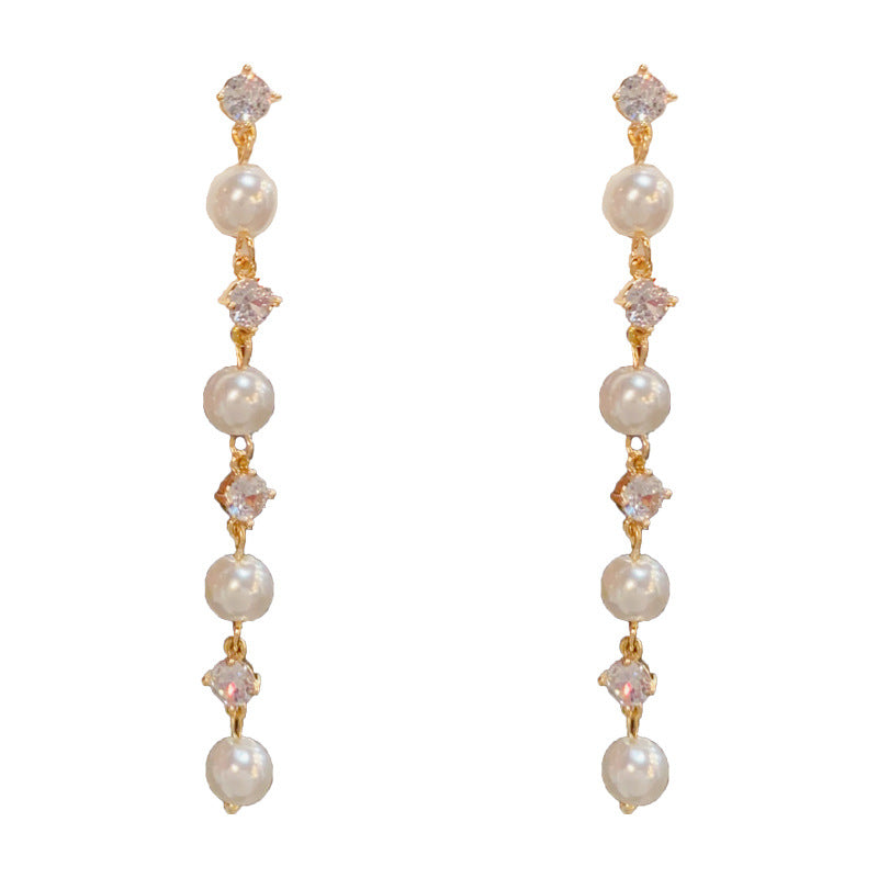 Eaioncol Geometric Long Tassel Pearl CZ Earrings Gold