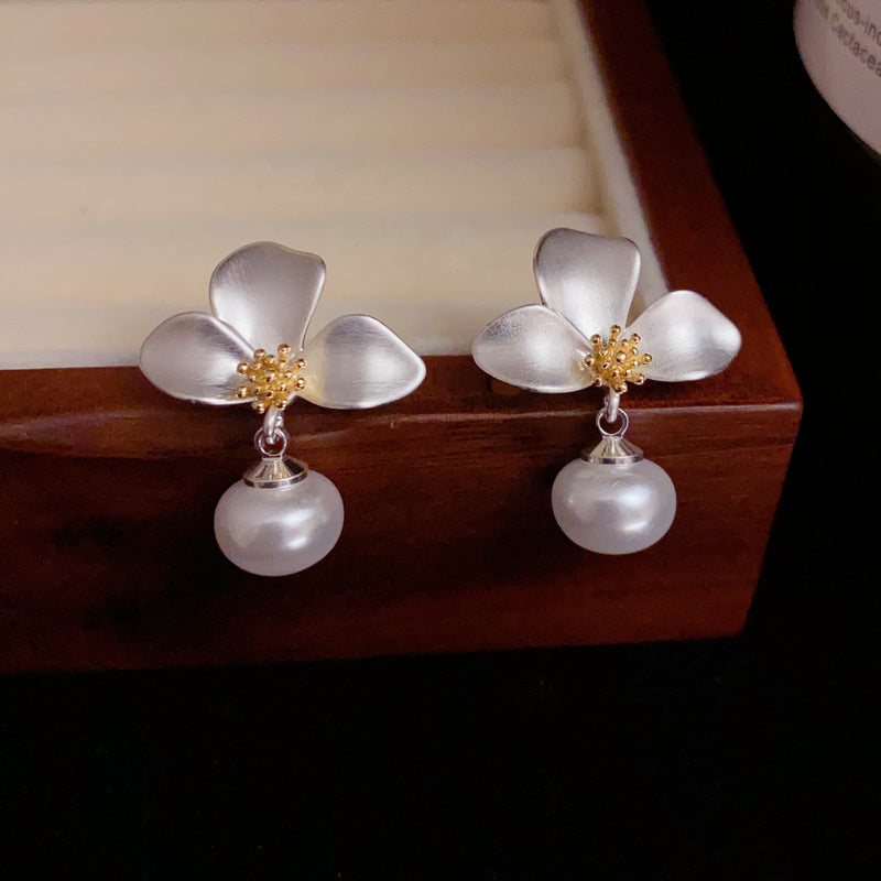 Silver-Plated Three-Petal Flower Pearl Drop Earrings – Elegant Design