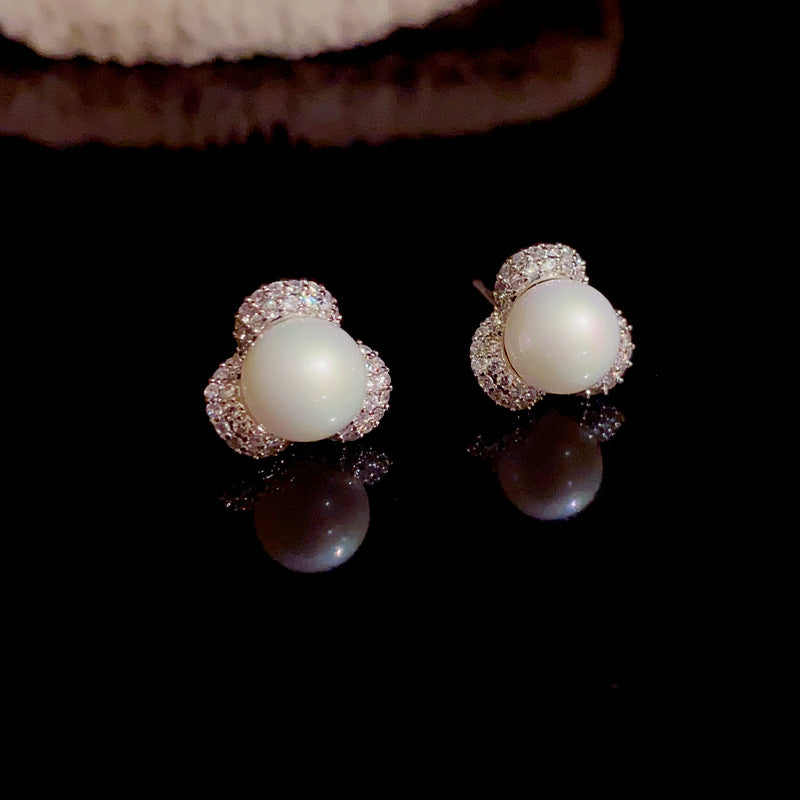 14K Gold-Plated Micro-Paved Flower Pearl Stud Earrings-Elegant Design