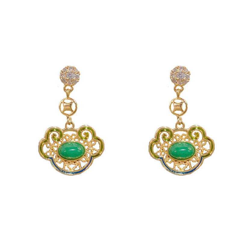 14K Gold-Plated Green Ruyi Tassel Earrings - Chinese-Inspired Design