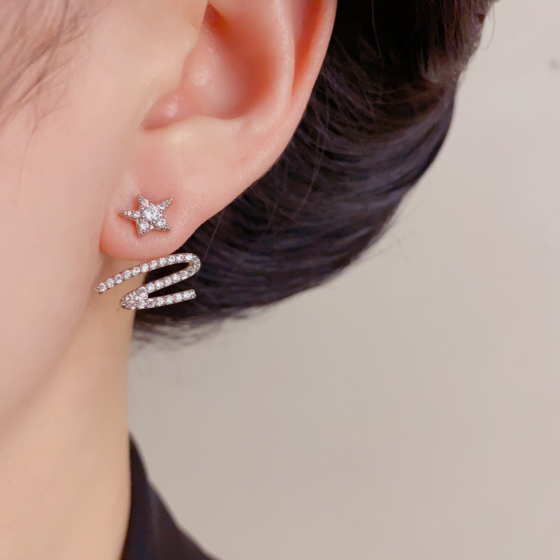 Gold 2‑Way Star Ribbon Earrings – Zircon Drop & Stud for Women