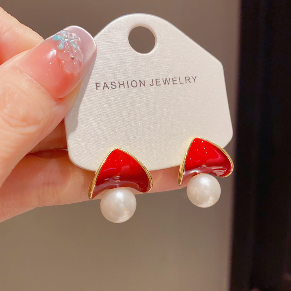 Eaioncol Red Triangle Pearl Earrings 14K Gold Plated