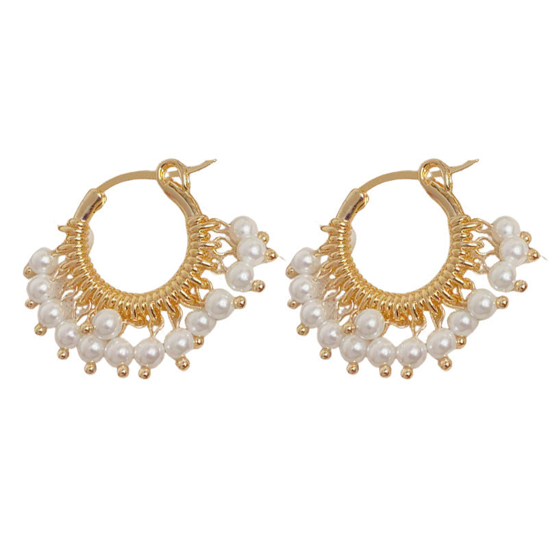 Eaioncol Round Metal Pearl Hoop Earrings Gold