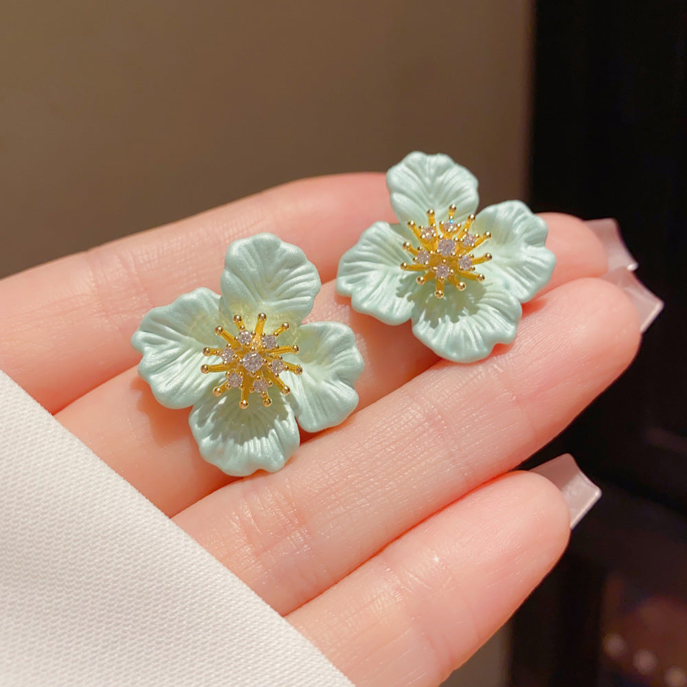 Eaioncol Green Camellia CZ Stud Earrings Gold