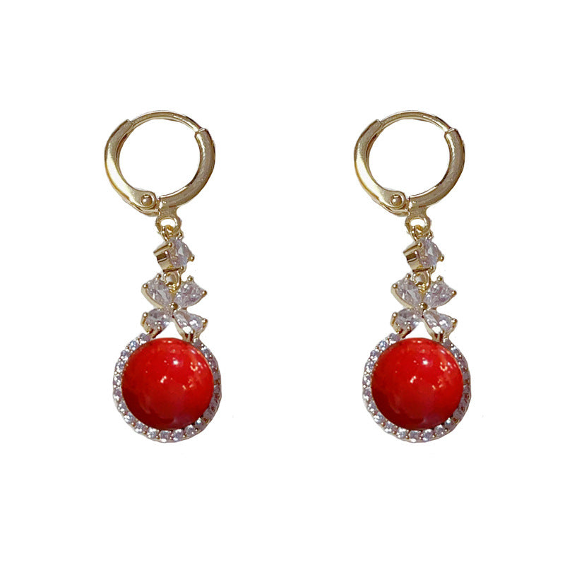 14K Gold-Plated Zircon Flower Red Pearl Hoop Earrings - Chic Design