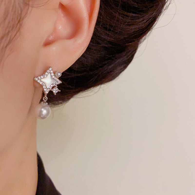 Luxury Mother-of-Pearl Star & Pearl Drop Earrings – Elegant Design